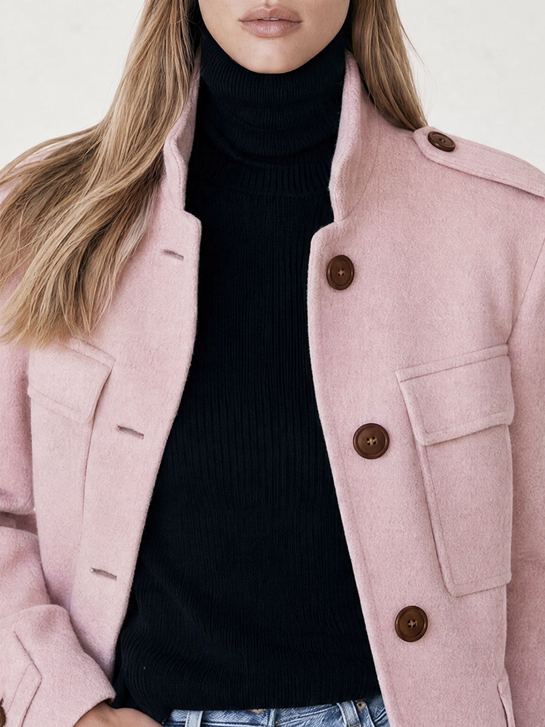 Casual And Simple Stand-up Collar Pink Multi-pocket Workwear Coat