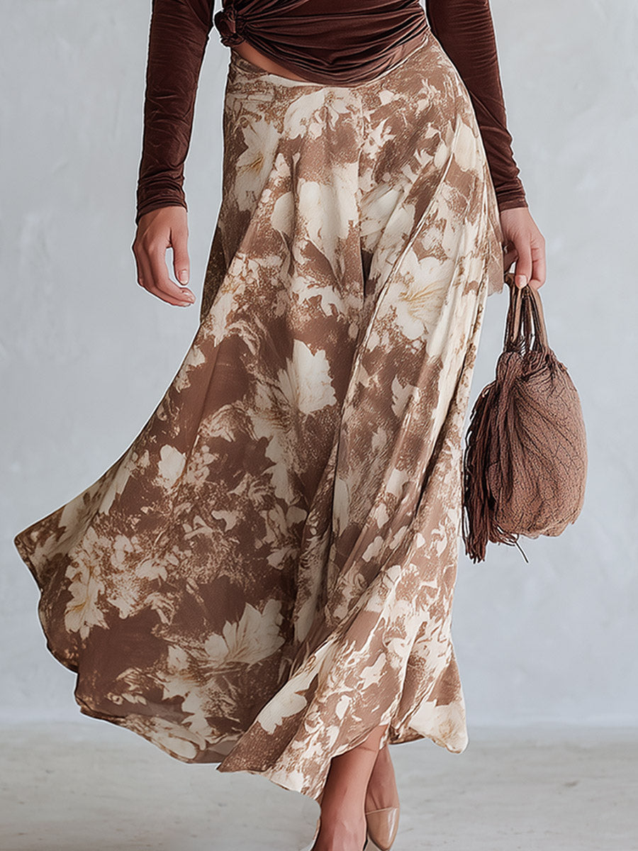 Elegant Cowl-Neck Long-Sleeve Top And Floral Skirt Velvet Set