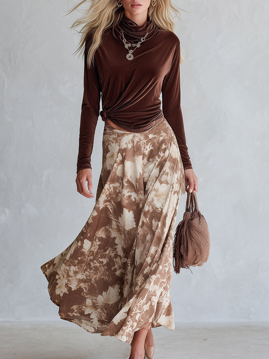 Elegant Cowl-Neck Long-Sleeve Top And Floral Skirt Velvet Set