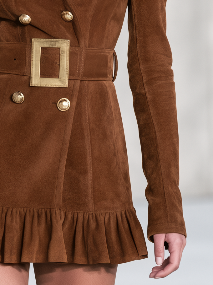 Retro-casual, Elegant Brown Faux-suede Ruffled Mini Skirt