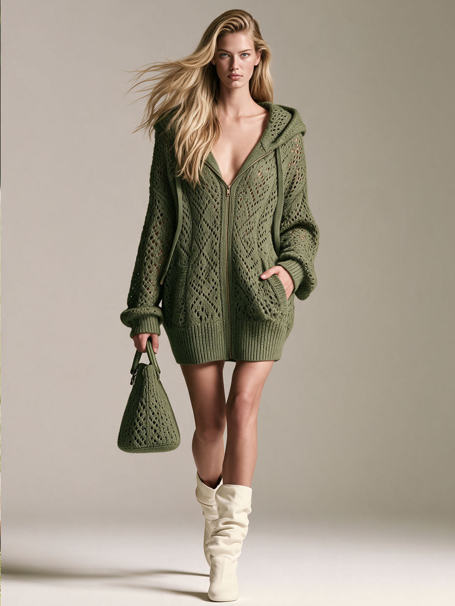 Retro Casual Green Hooded Zip-up Knit Mini Dress