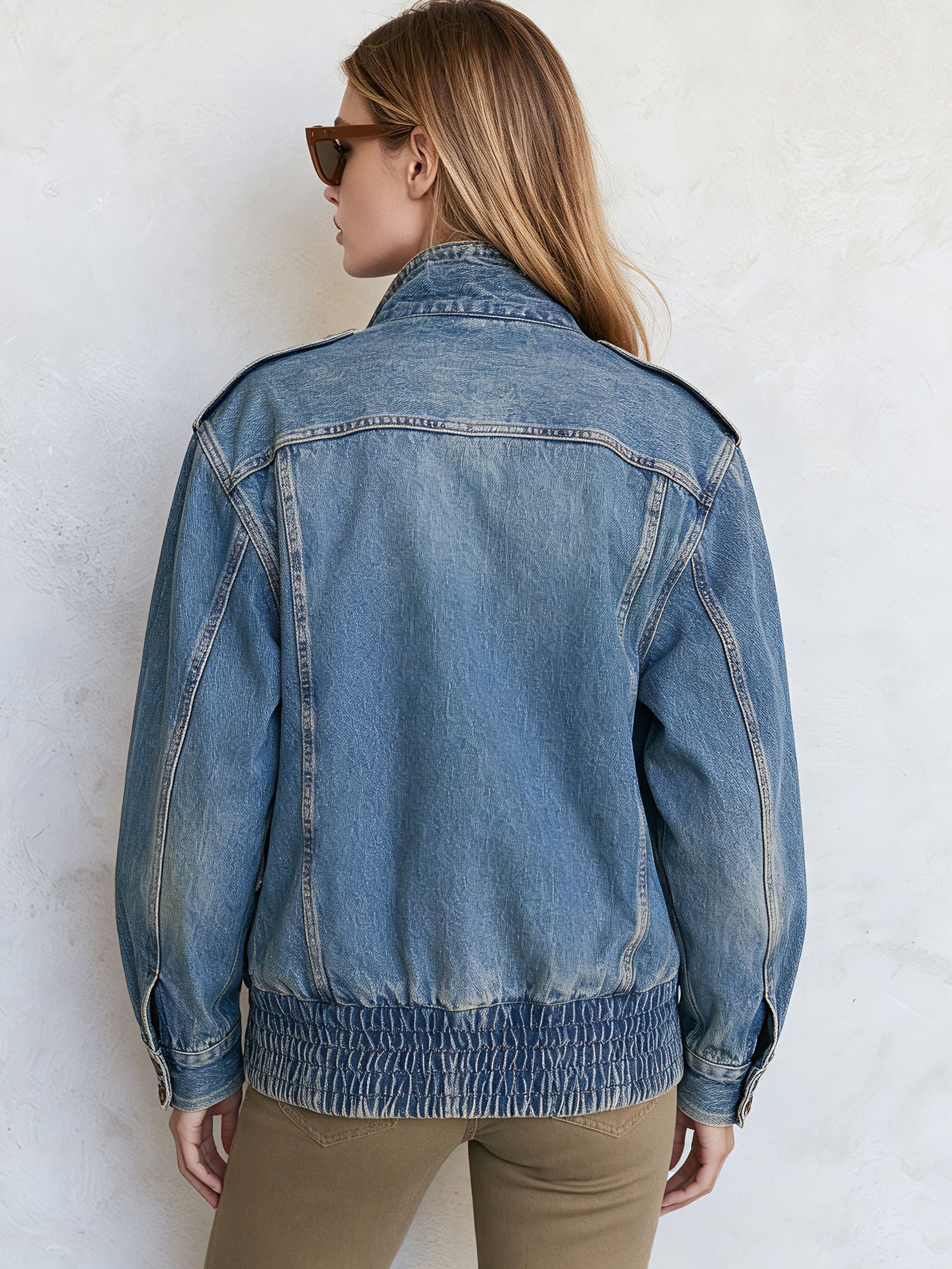 Retro Stand-up Collar Zipper Washed Denim Blue Bomber Jacket
