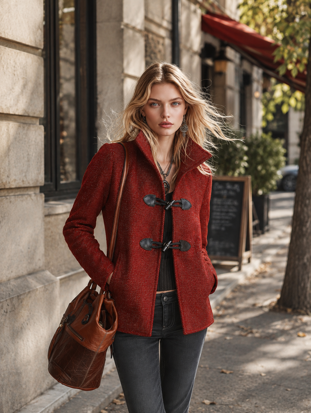 Vintage-style Toggle Coat Red Stand-collar Cropped Coat
