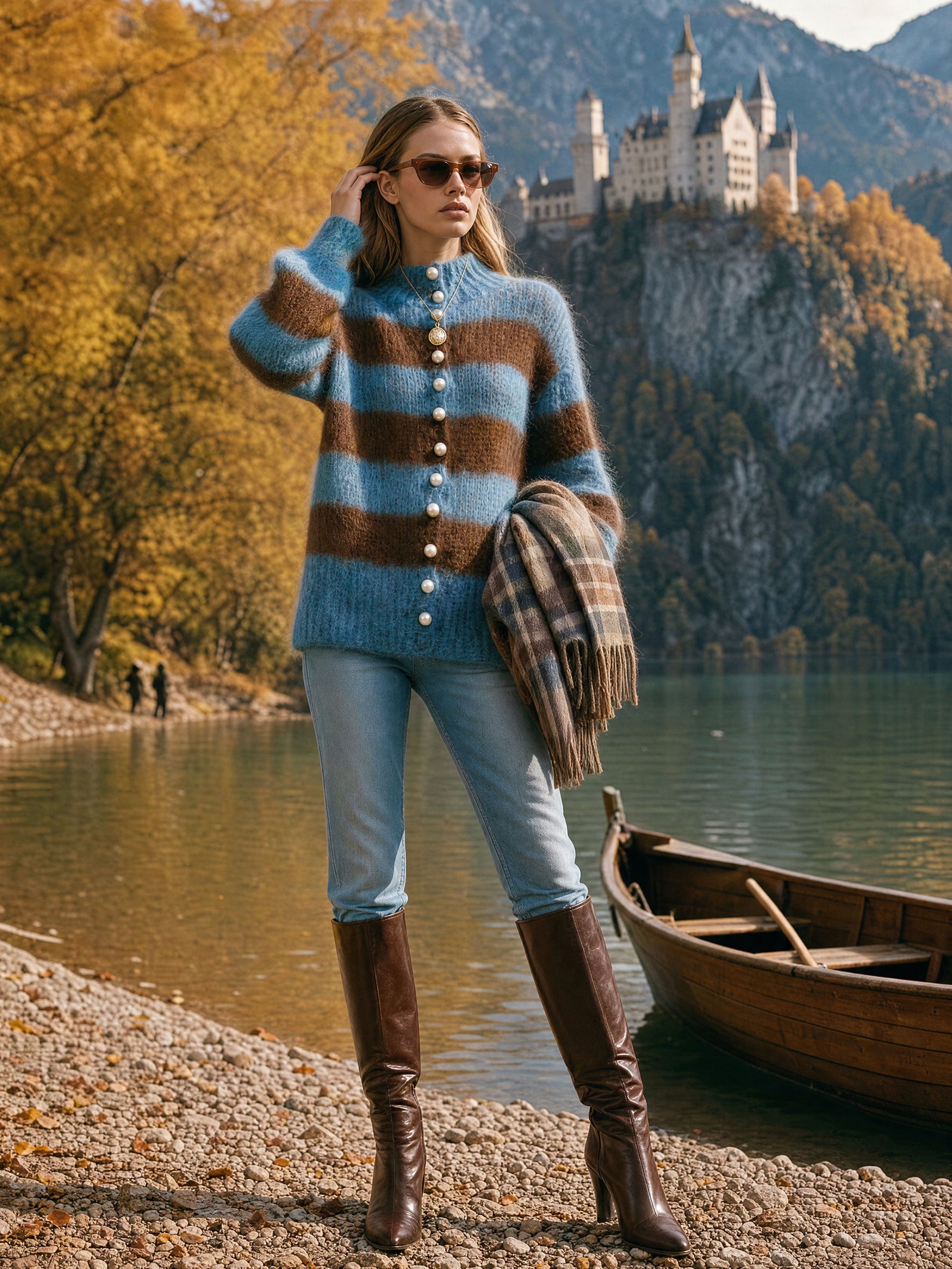 Warm Retro Stand-up Collar Blue-brown Striped Long-haired Knit Cardigan