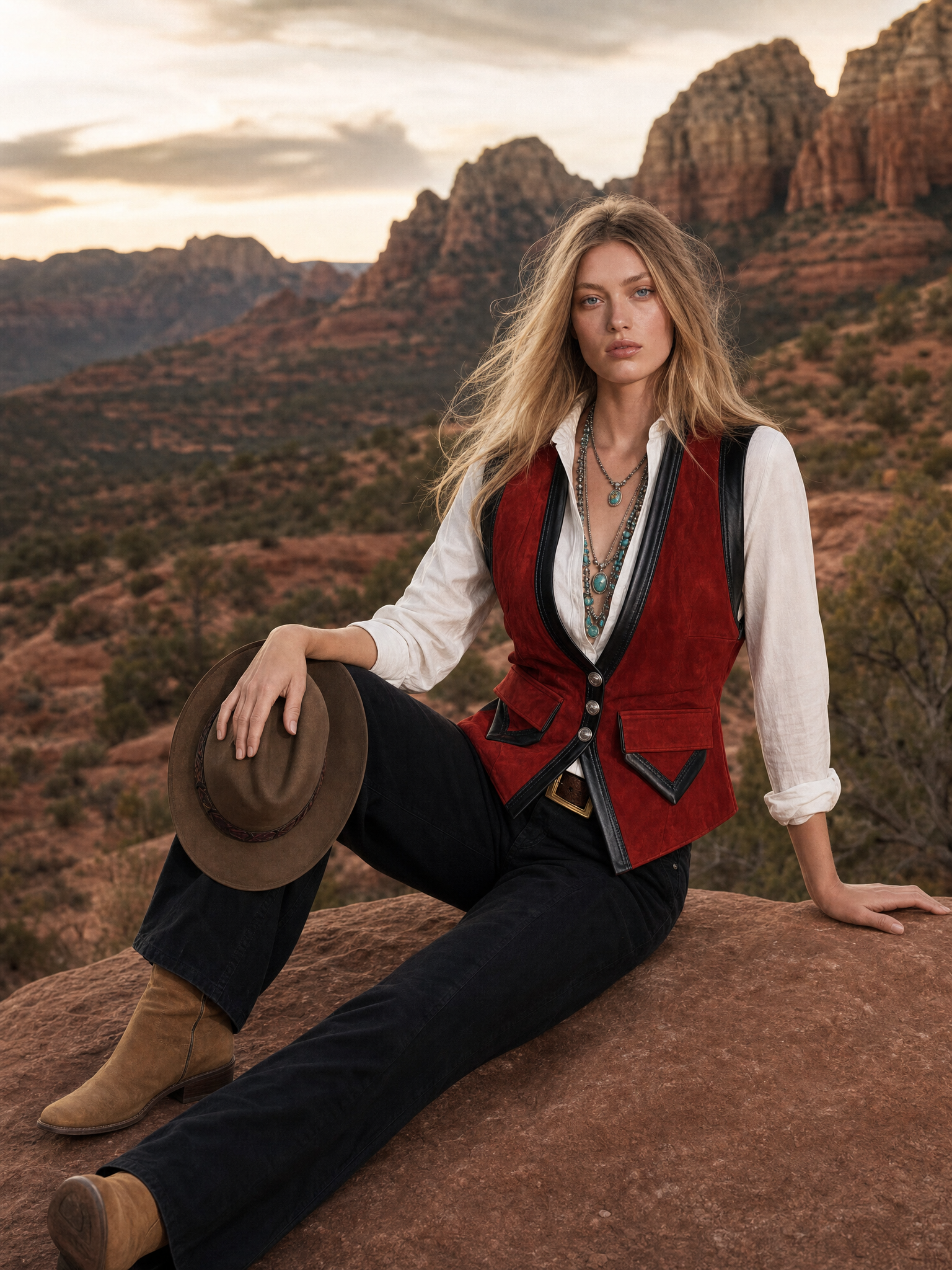 Retro-casual Elegant Red Faux-suede Vest
