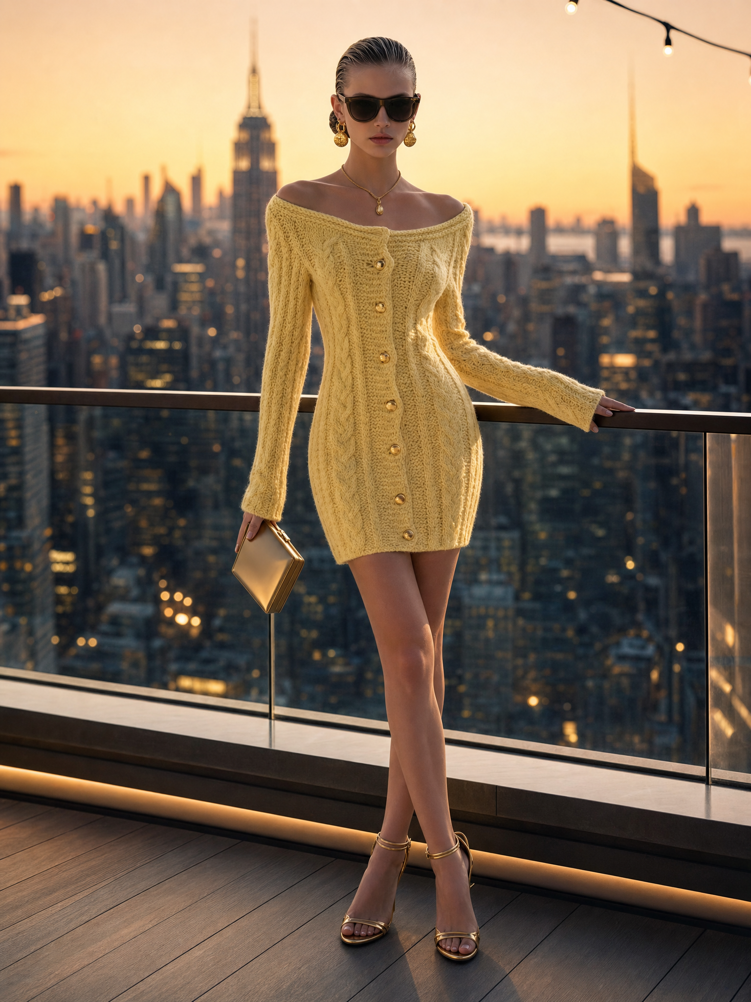 Chic Butter Yellow Boat Neck Cable Knit Button Front Sweater Mini Dress