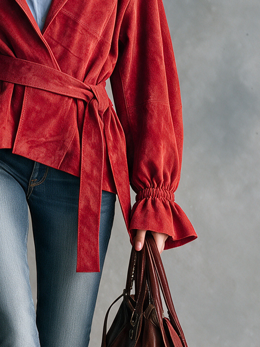 Trendy Retro Red Lapel Tie-up Ruffled Cuff Faux Suede Jacket