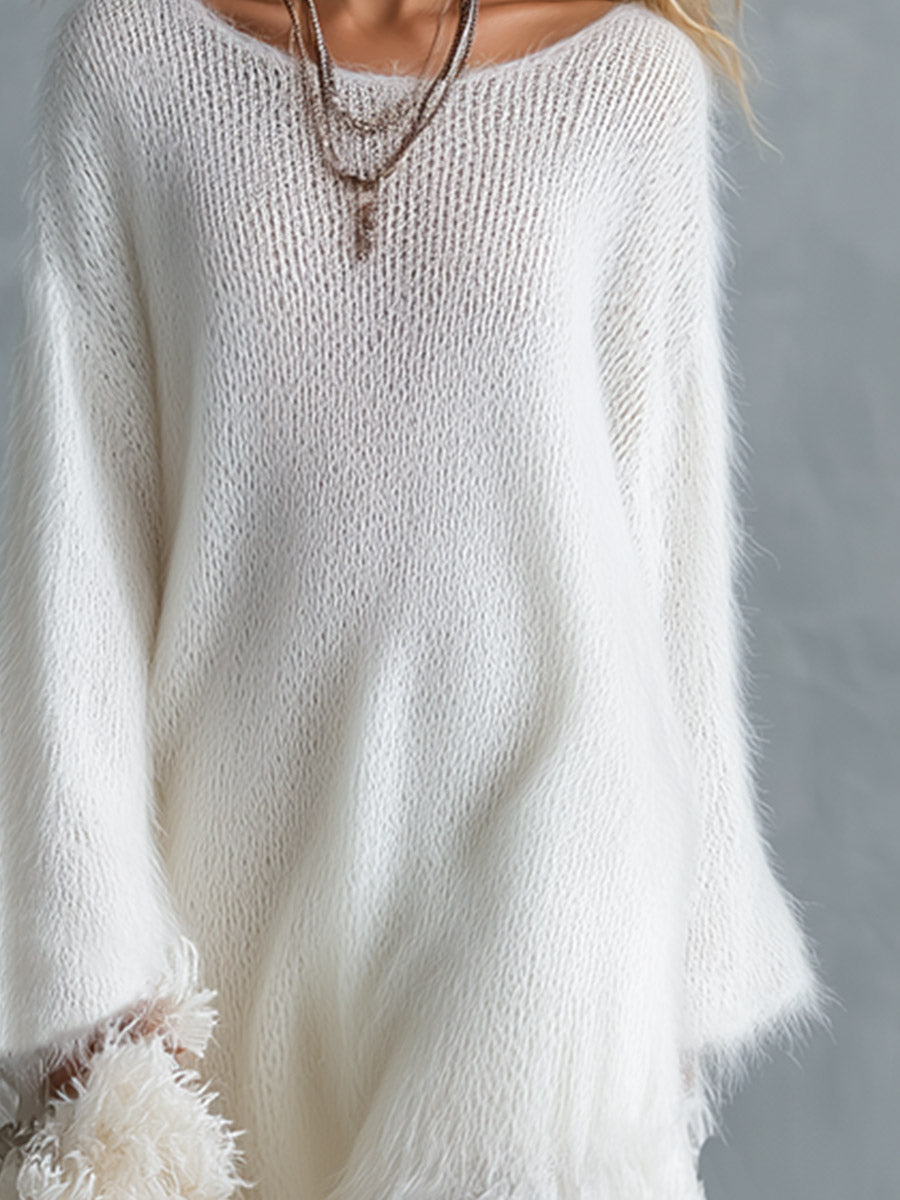 Soft And Cozy Long-haired White Knit Lace Hem Maxi Dress
