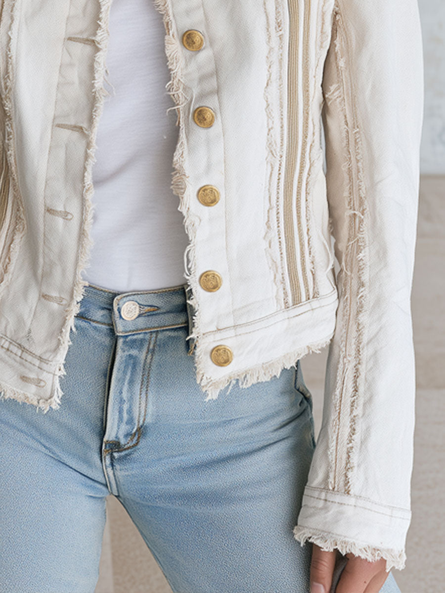 Casual Retro Frayed Off-white Denim Military Style Jacket