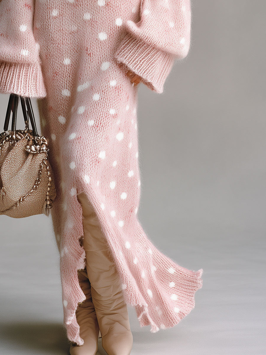 Retro Elegant Polka Dot Pink Round Neck Mohair Knit Maxi Dress