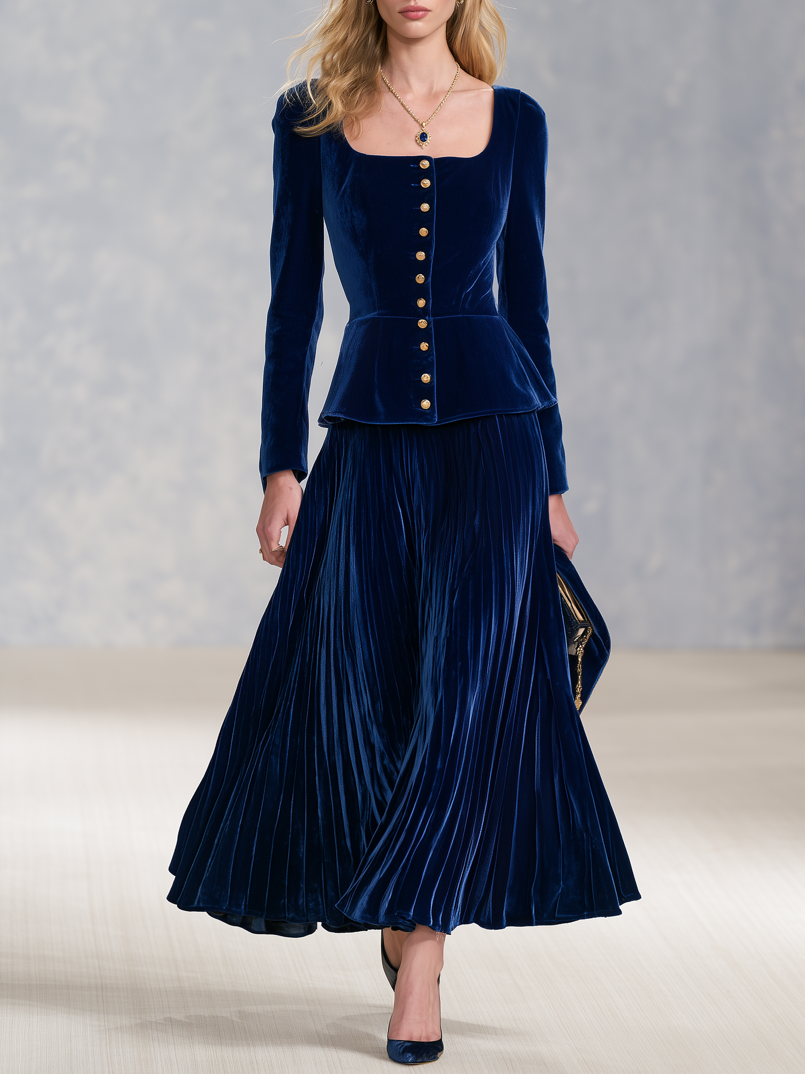Royal Blue Velvet Pleated Skirt Set With A Retro Casual And Elegant Style
