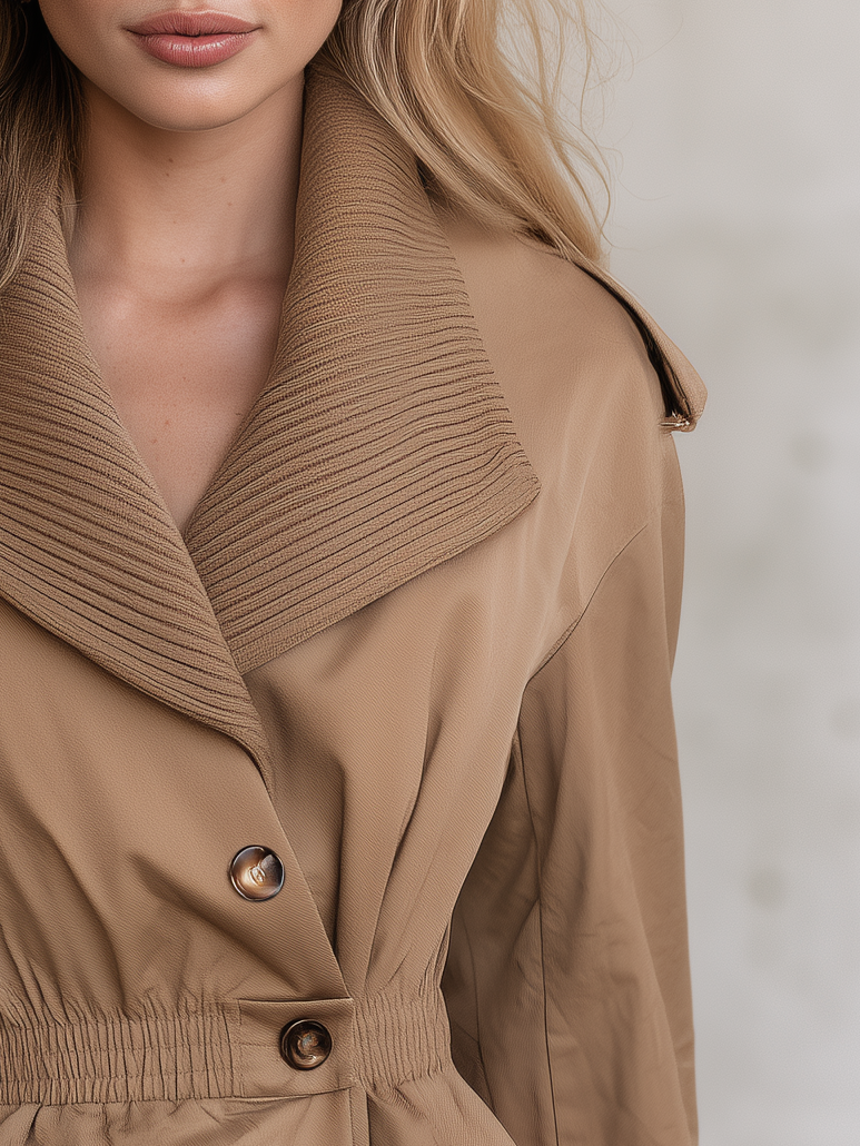 Retro-casual Elegant Khaki Trench Coat With A Ribbed Collar