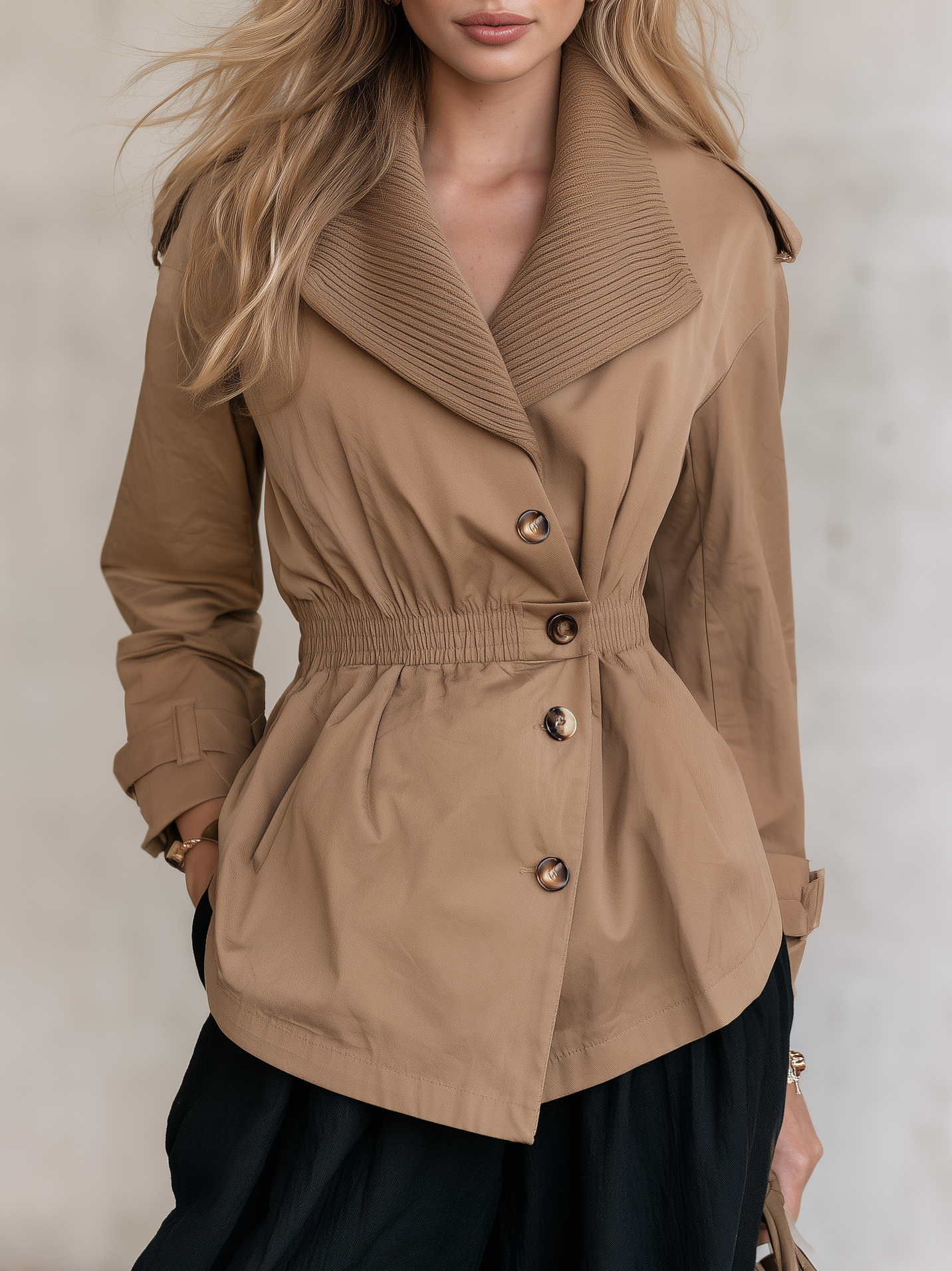 Retro-casual Elegant Khaki Trench Coat With A Ribbed Collar