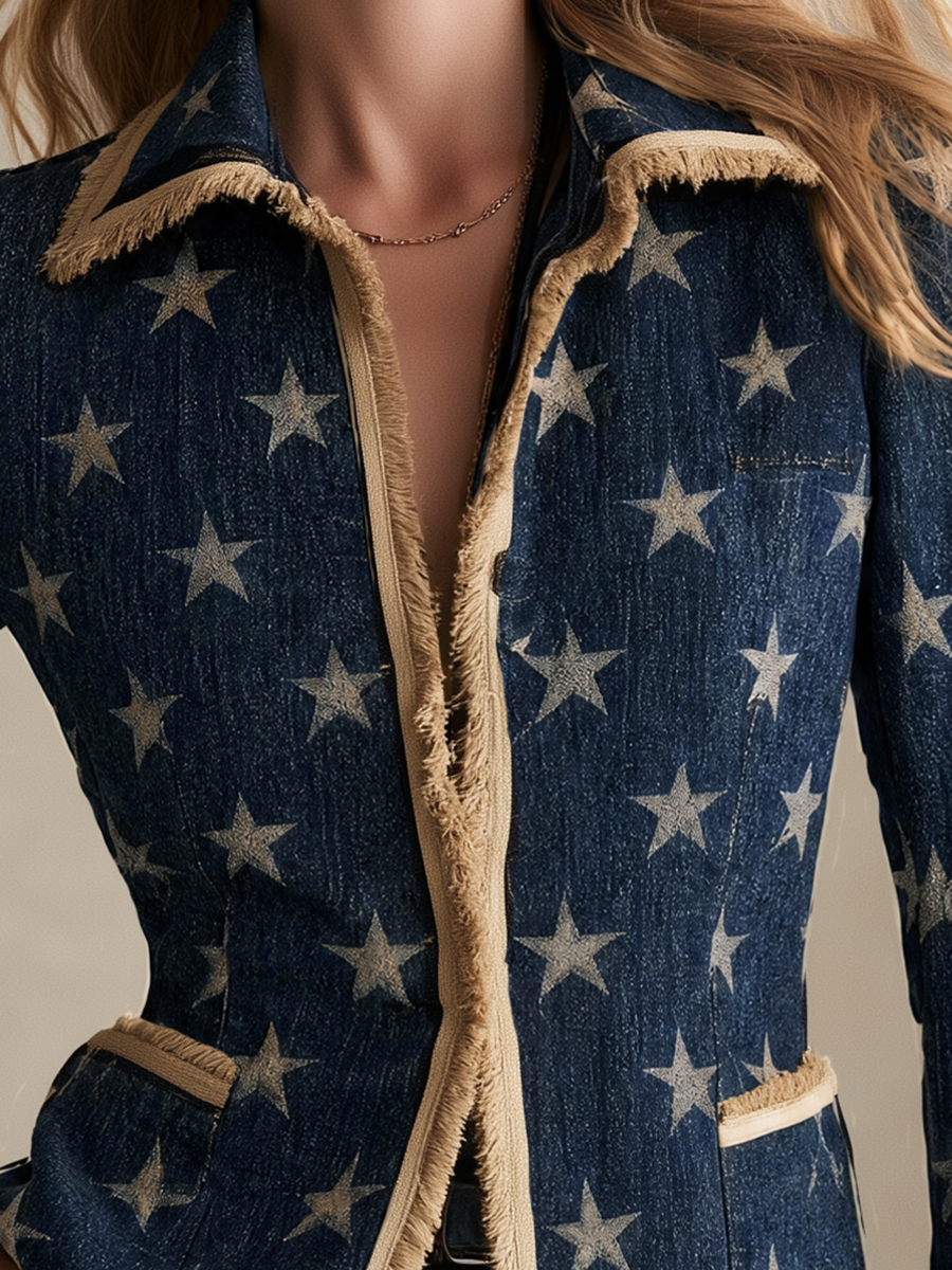 Women’s Star Print Fringe Denim Blazer Western Statement Jacket