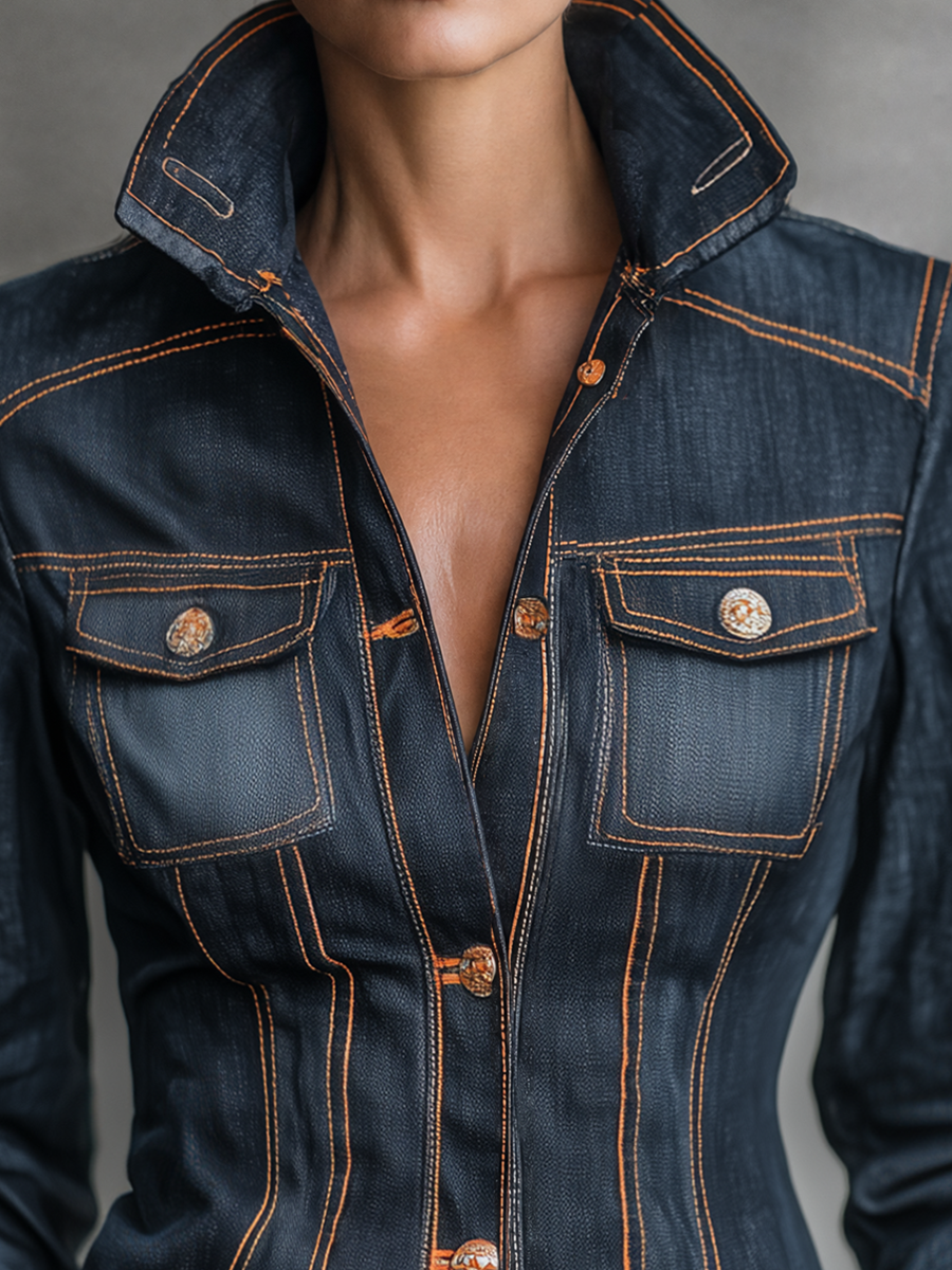 Women’s Fitted Dark Wash Denim Jacket With Orange Contrast Stitching
