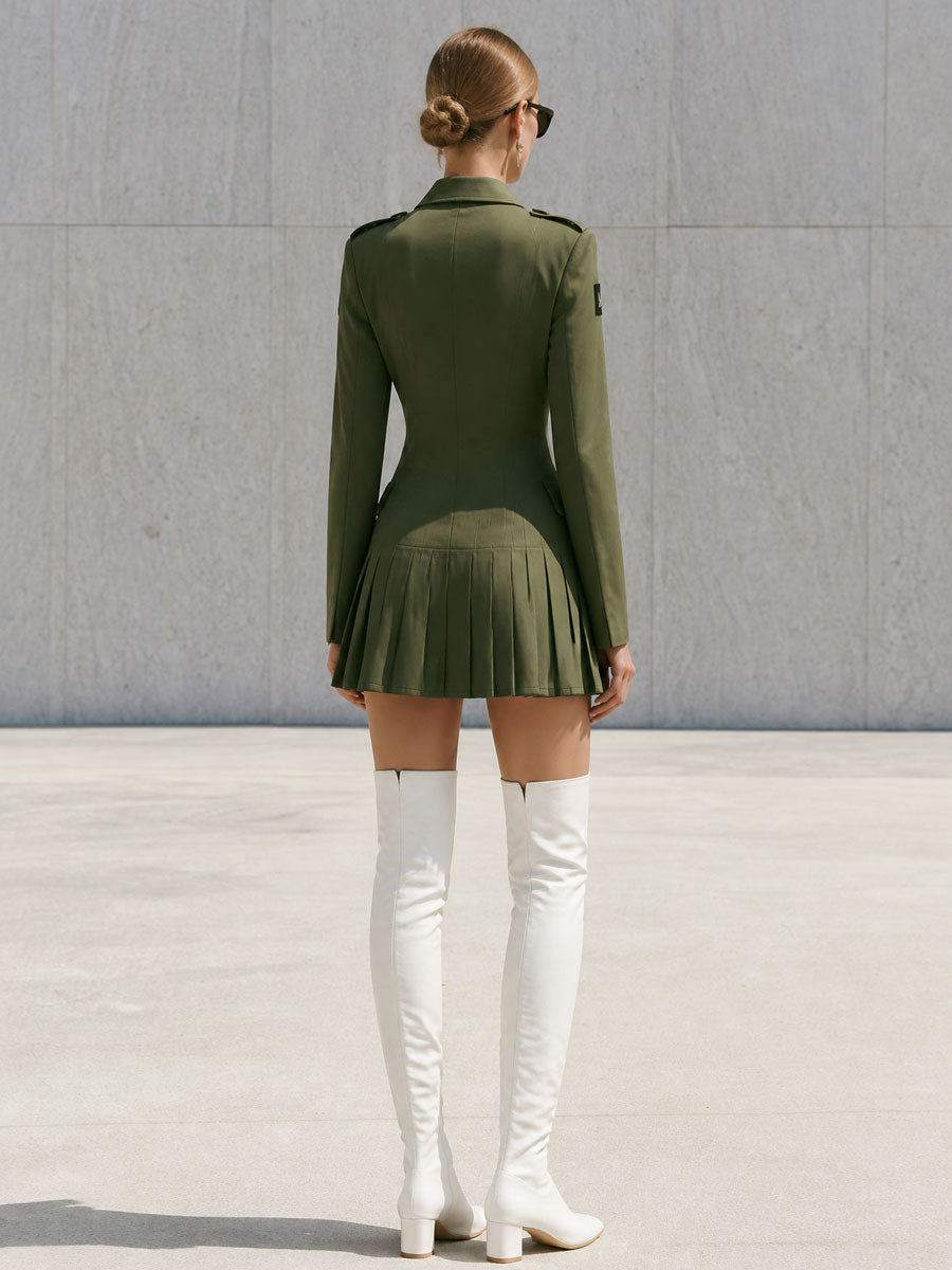 Elegant Retro Military Green Pleated Epaulette Mini Dress