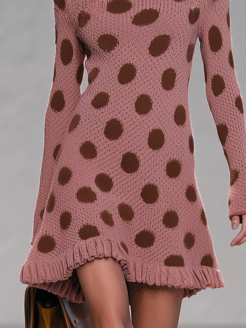 Retro-chic Boat-neck Knit Dress In Pink-brown With Polka Dots