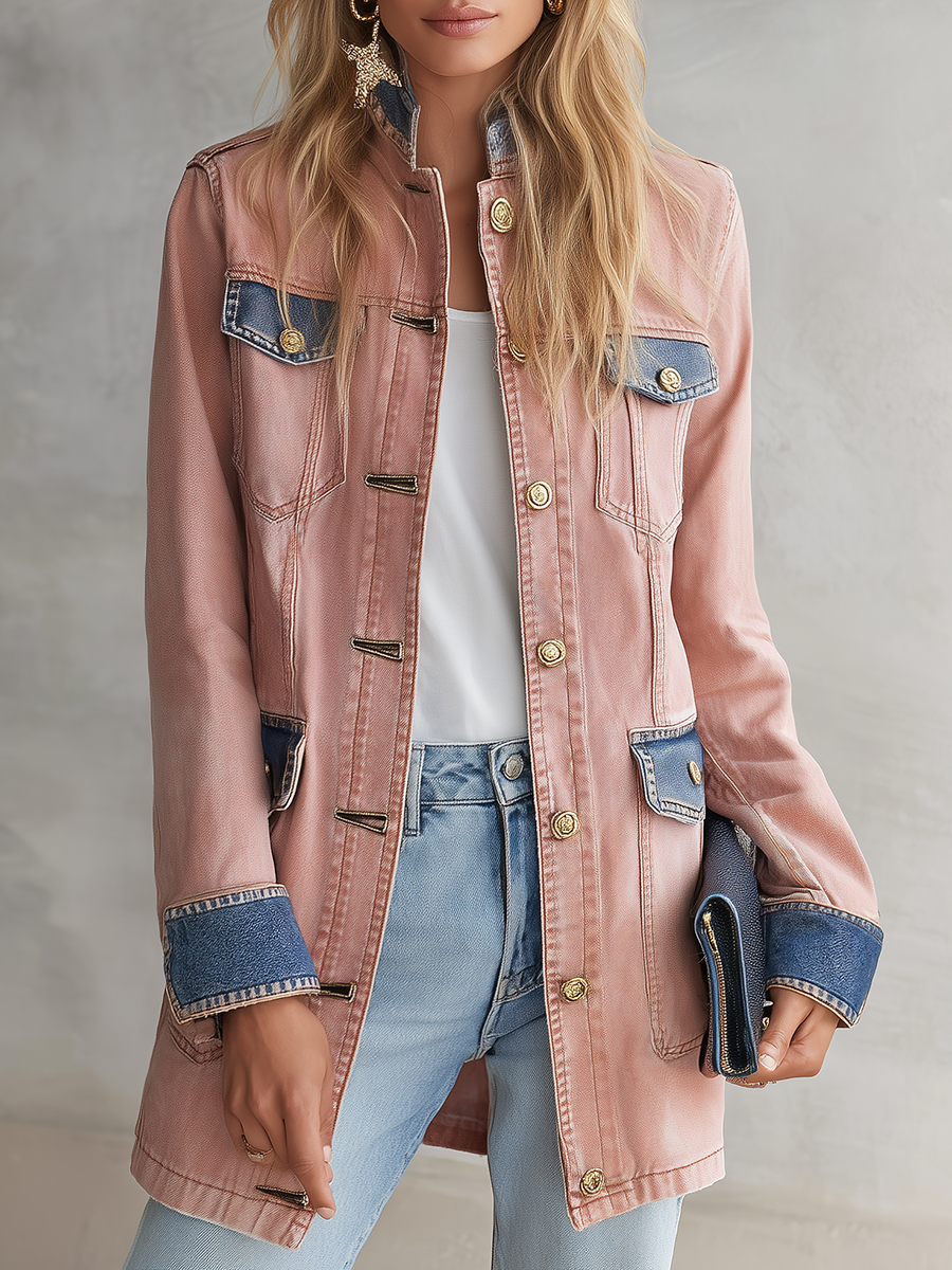Women’s Blush Pink Denim Military Jacket With Contrast Blue Trim