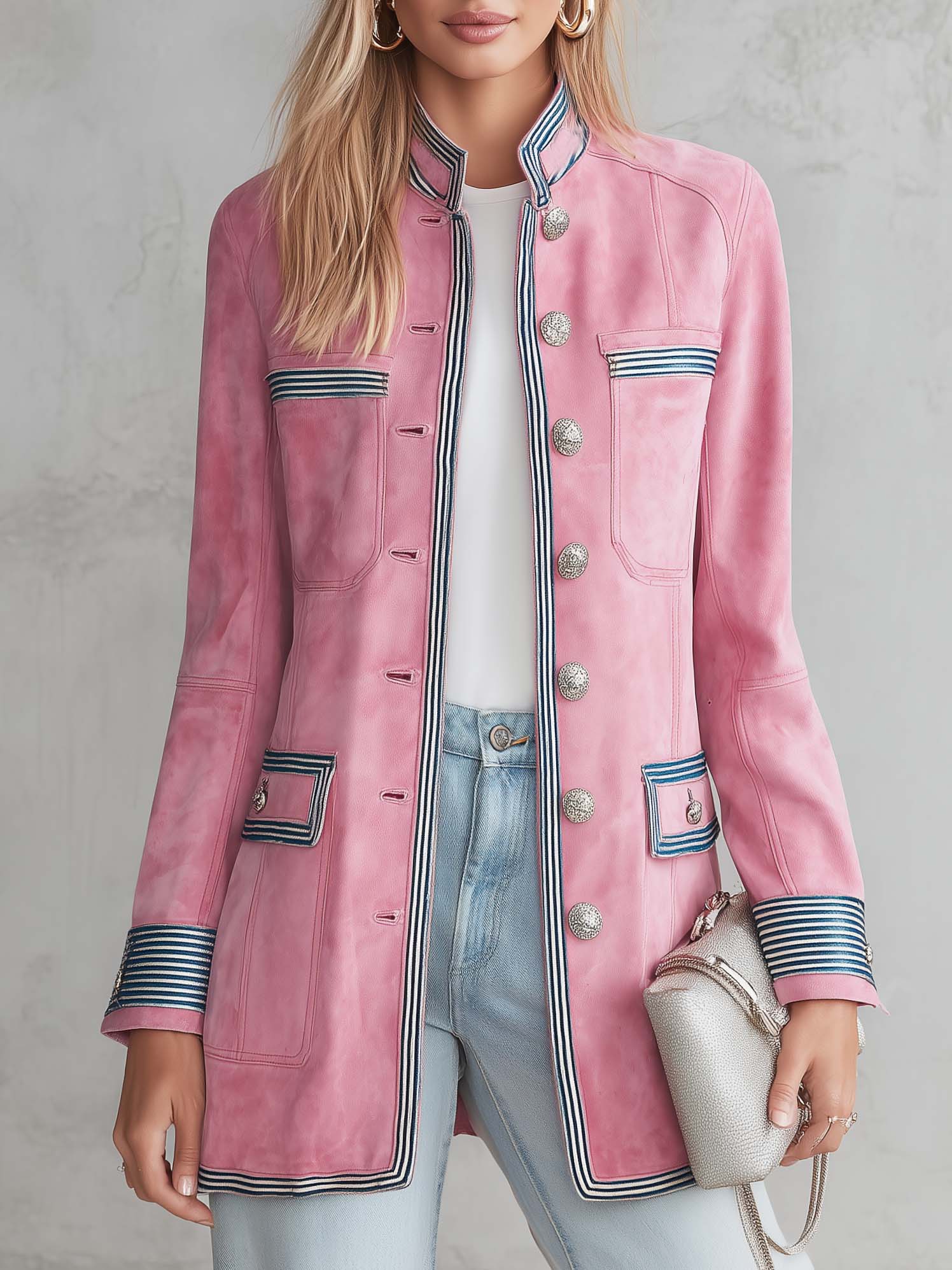 Vintage Military Pink Faux Suede Coat Women Striped Trim Silver Button Longline
