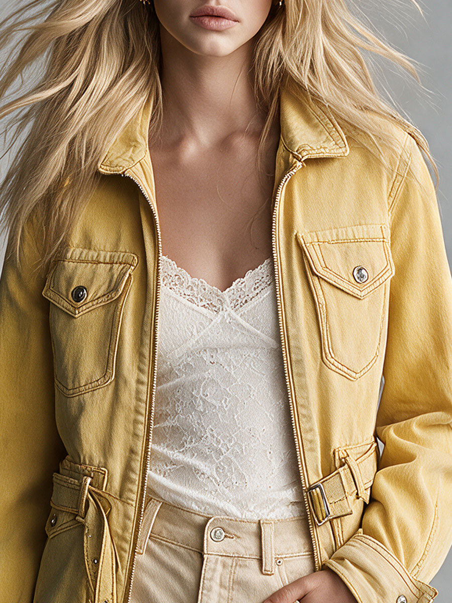Retro Yellow Collared Zip-up Belt Multi-pocket Denim Jacket