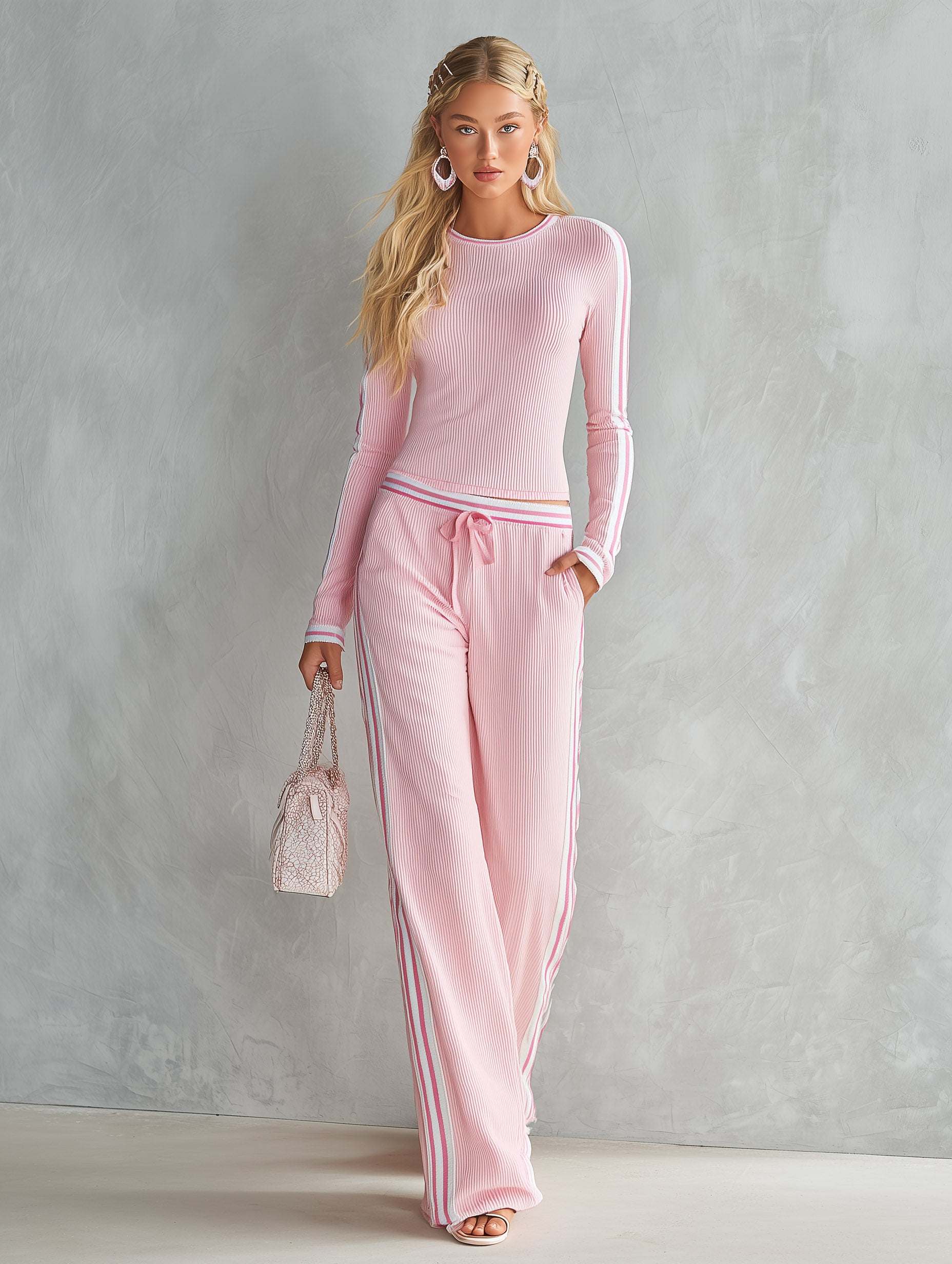 Casual Urban Striped-Trim Pink Ribbed Knit Long-Sleeve T-Shirt And Wide-Leg Pants Set