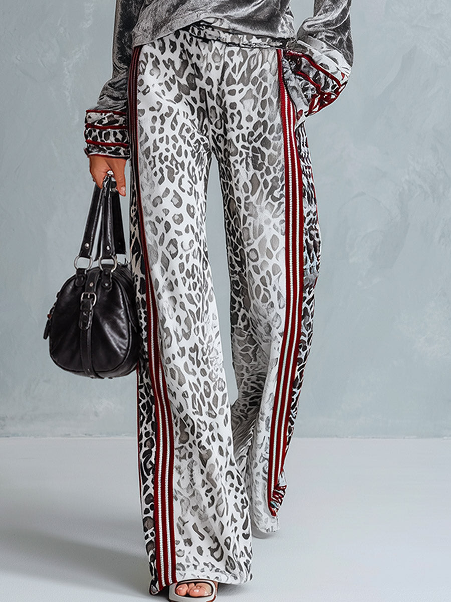 Chic Casual Striped Trim Grey T-shirt And Leopard-print Wide-leg Trousers Velvet Set