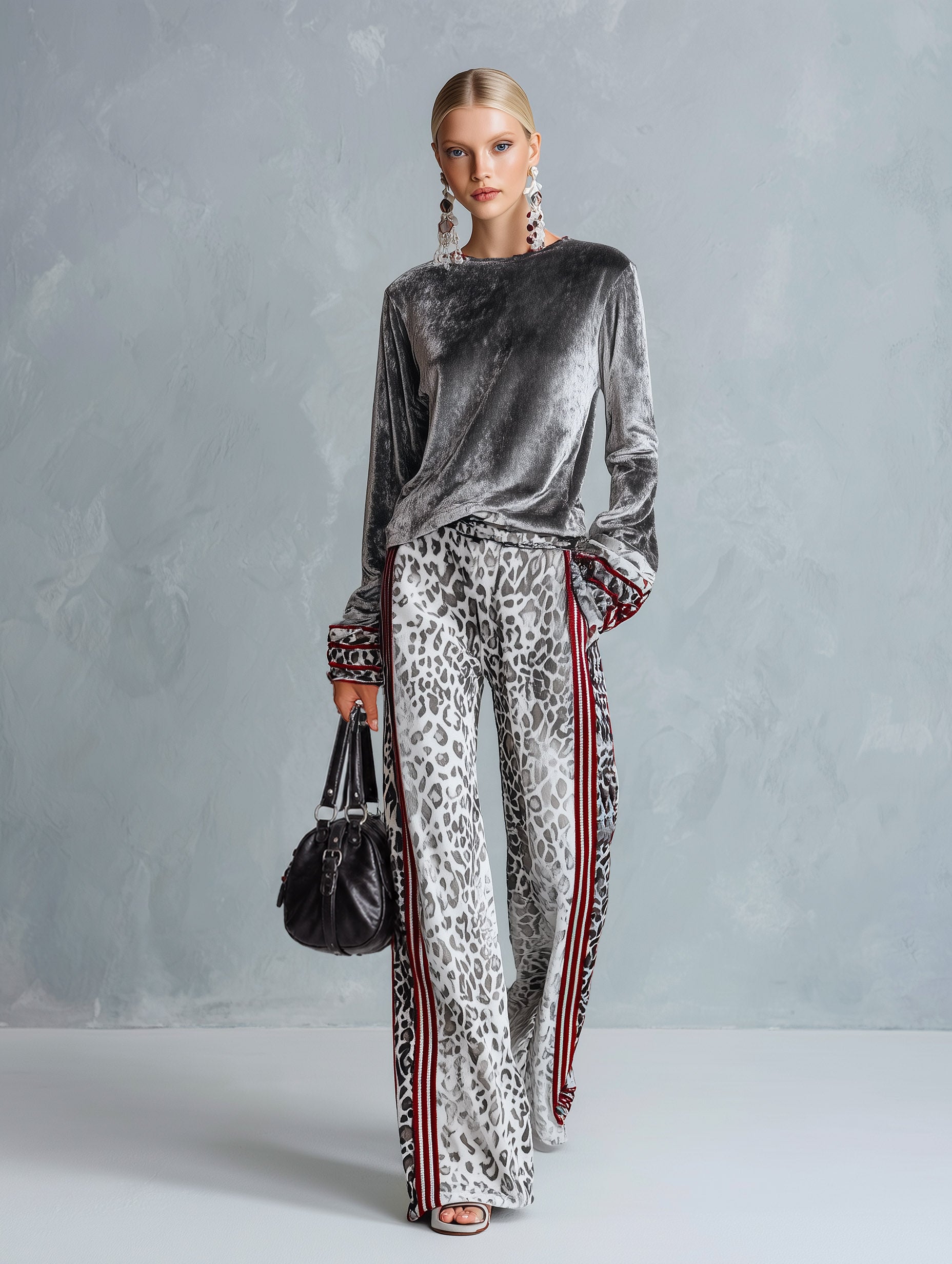 Chic Casual Striped Trim Grey T-shirt And Leopard-print Wide-leg Trousers Velvet Set