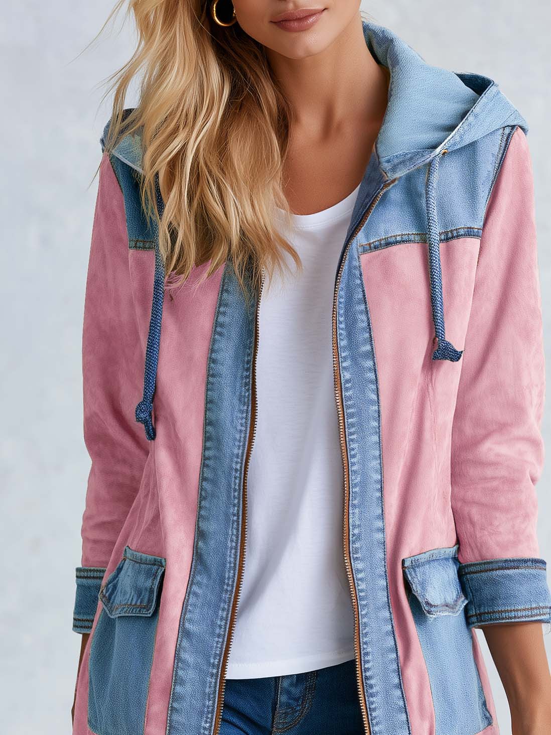 Romantic Western Pink Faux Suede Denim Patchwork Hooded Longline Jacket Women