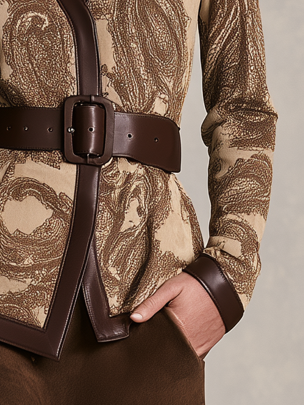 Retro-casual Elegant Wool-blend And PU Leather Paneled Top