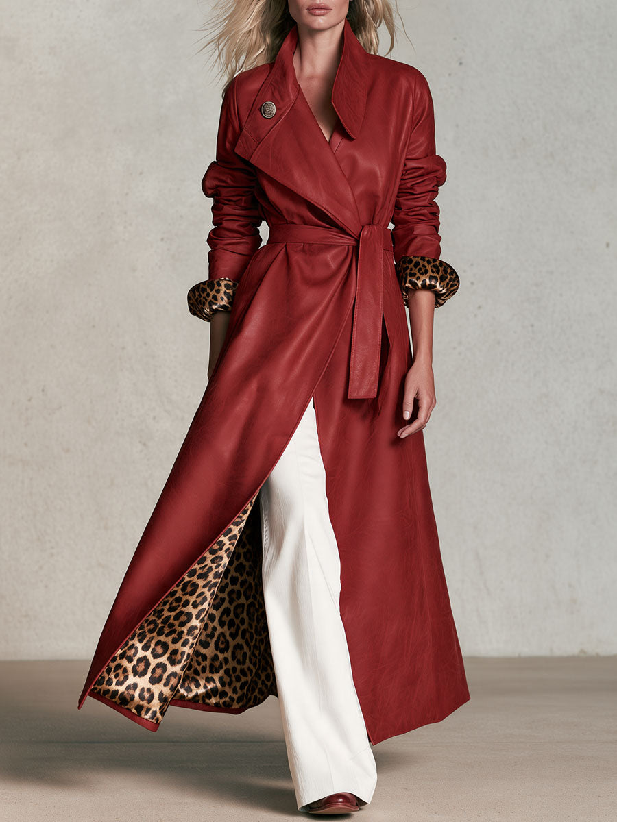 Retro-elegant Leopard Print Lining Red Belted Faux Leather Coat