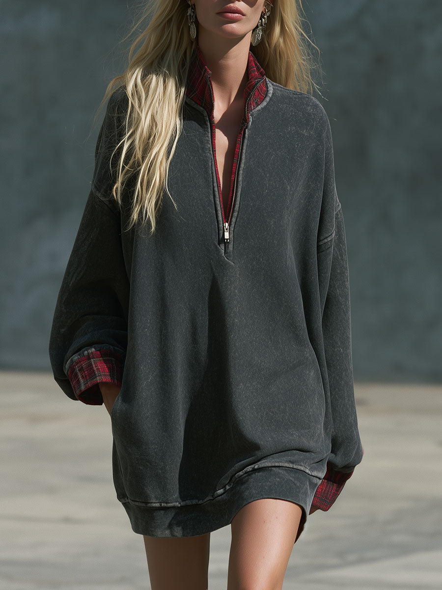 Fashionable Retro Half-zip Plaid Patchwork Faded Dark Gray Cotton Mini Dress