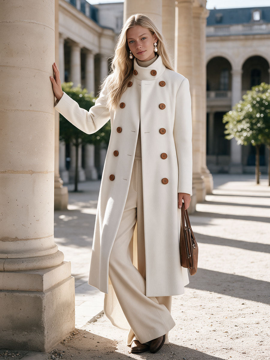 Retro Elegant White Turtleneck Double-breasted Coat