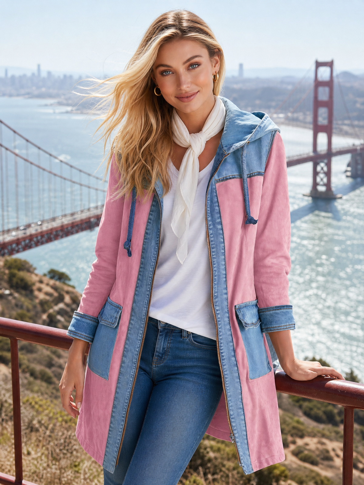 Romantic Western Pink Faux Suede Denim Patchwork Hooded Longline Jacket Women
