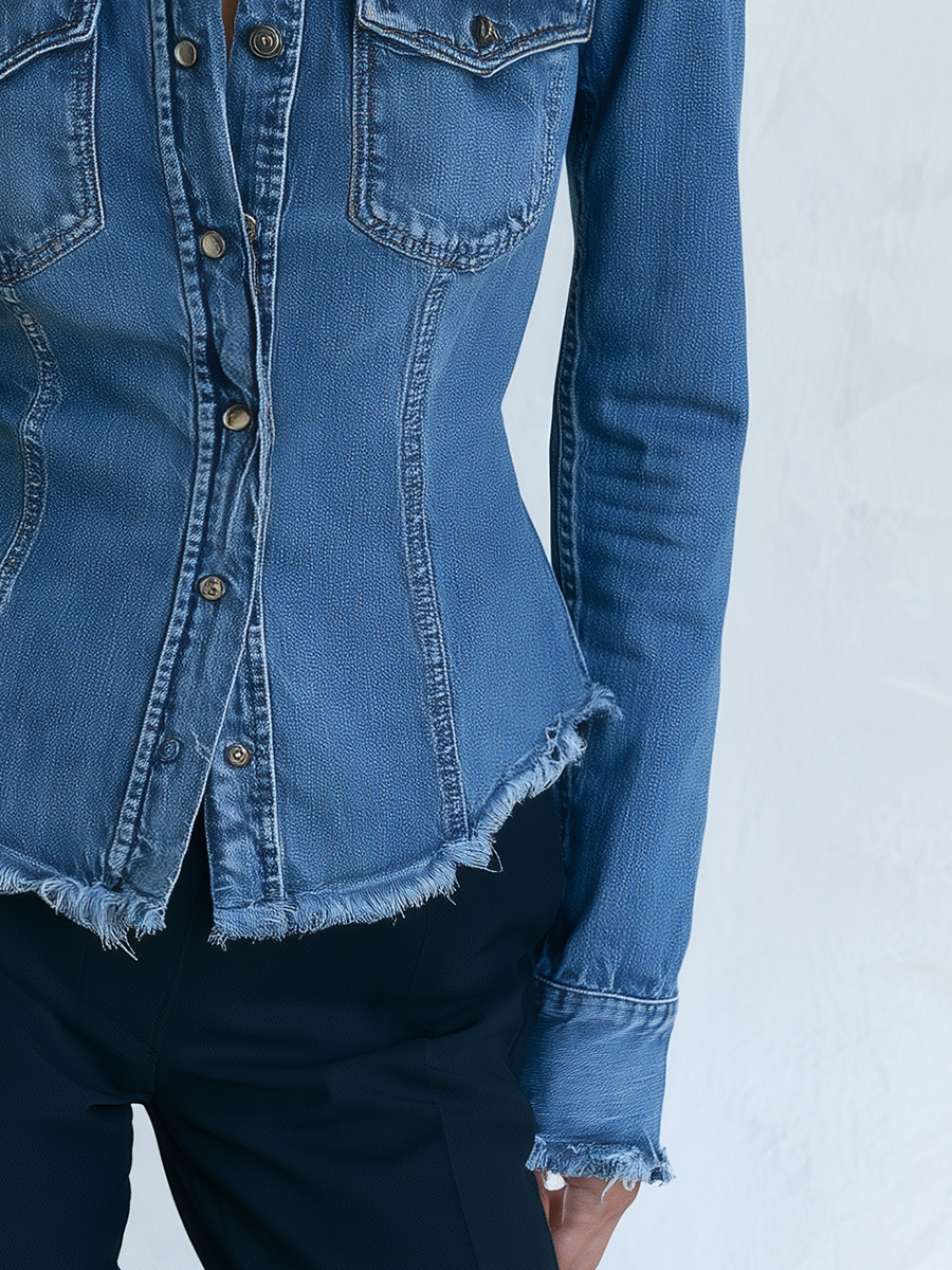 Women’s Fitted Denim Stand-up Collar Shirt With Frayed Hem