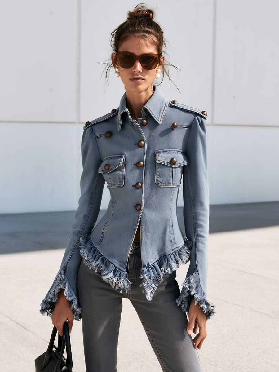 Western Retro Military Style Frayed Ruffled Faded Light Blue Denim Jacket