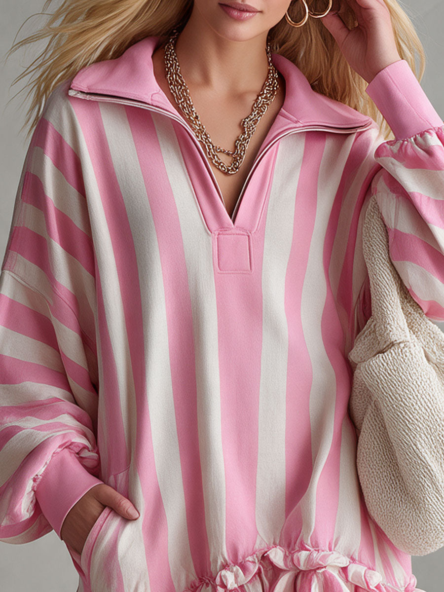 Casual Retro-style Pink And White Striped Ruffled Collar Half-zip Cotton Mini Dress