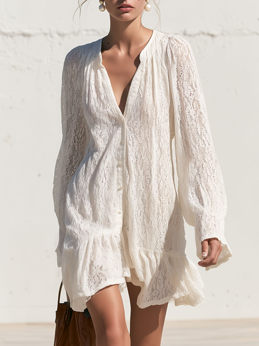 Stylish And Elegant White Lace Long-sleeved Ruffle Mini Dress