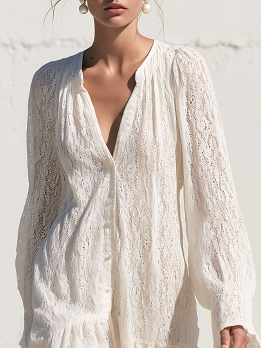 Stylish And Elegant White Lace Long-sleeved Ruffle Mini Dress