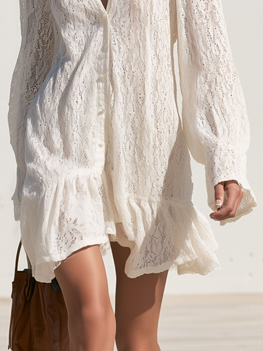 Stylish And Elegant White Lace Long-sleeved Ruffle Mini Dress