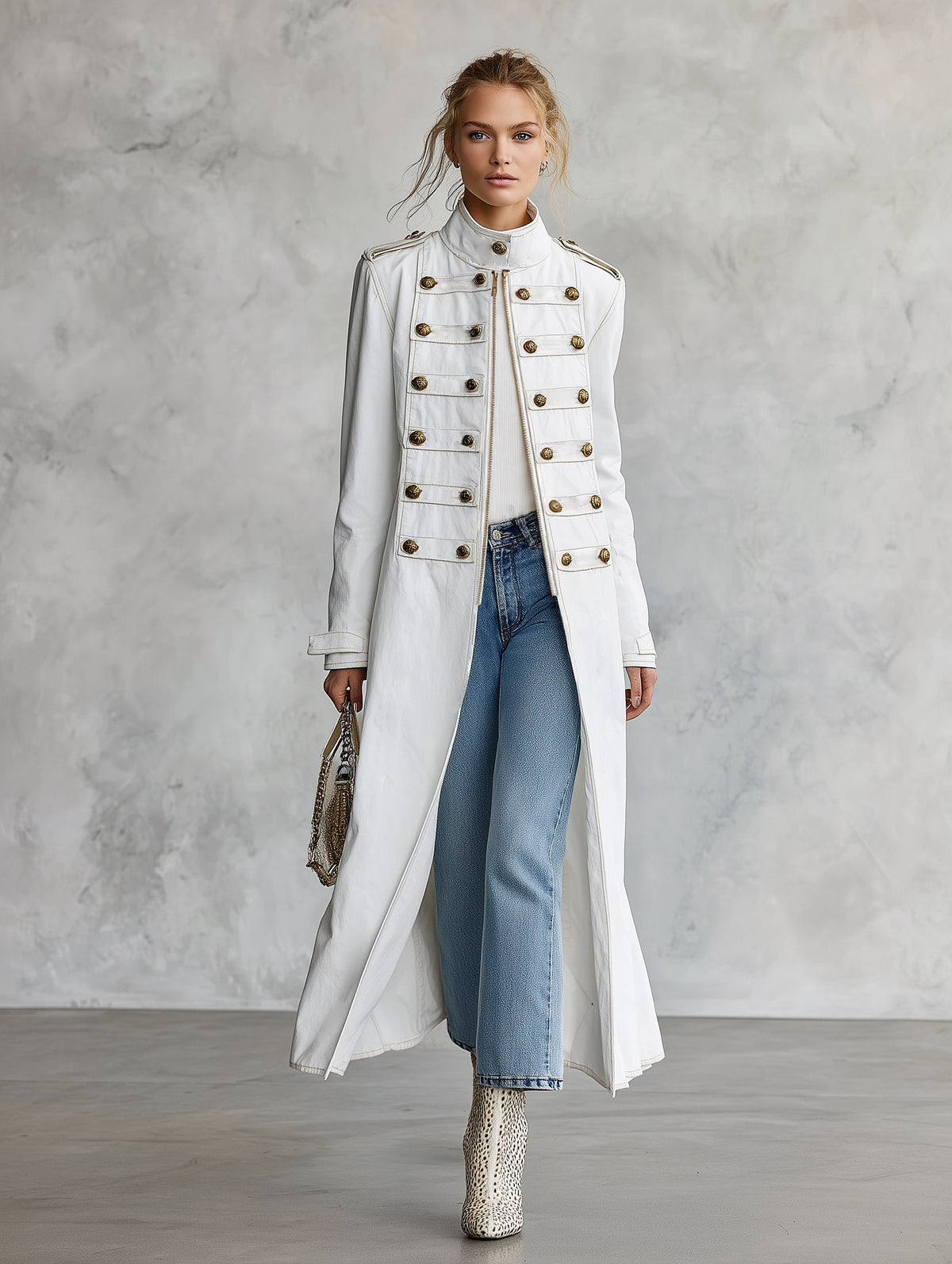 Classic Military Officer Style White Denim Front-Zip Coat