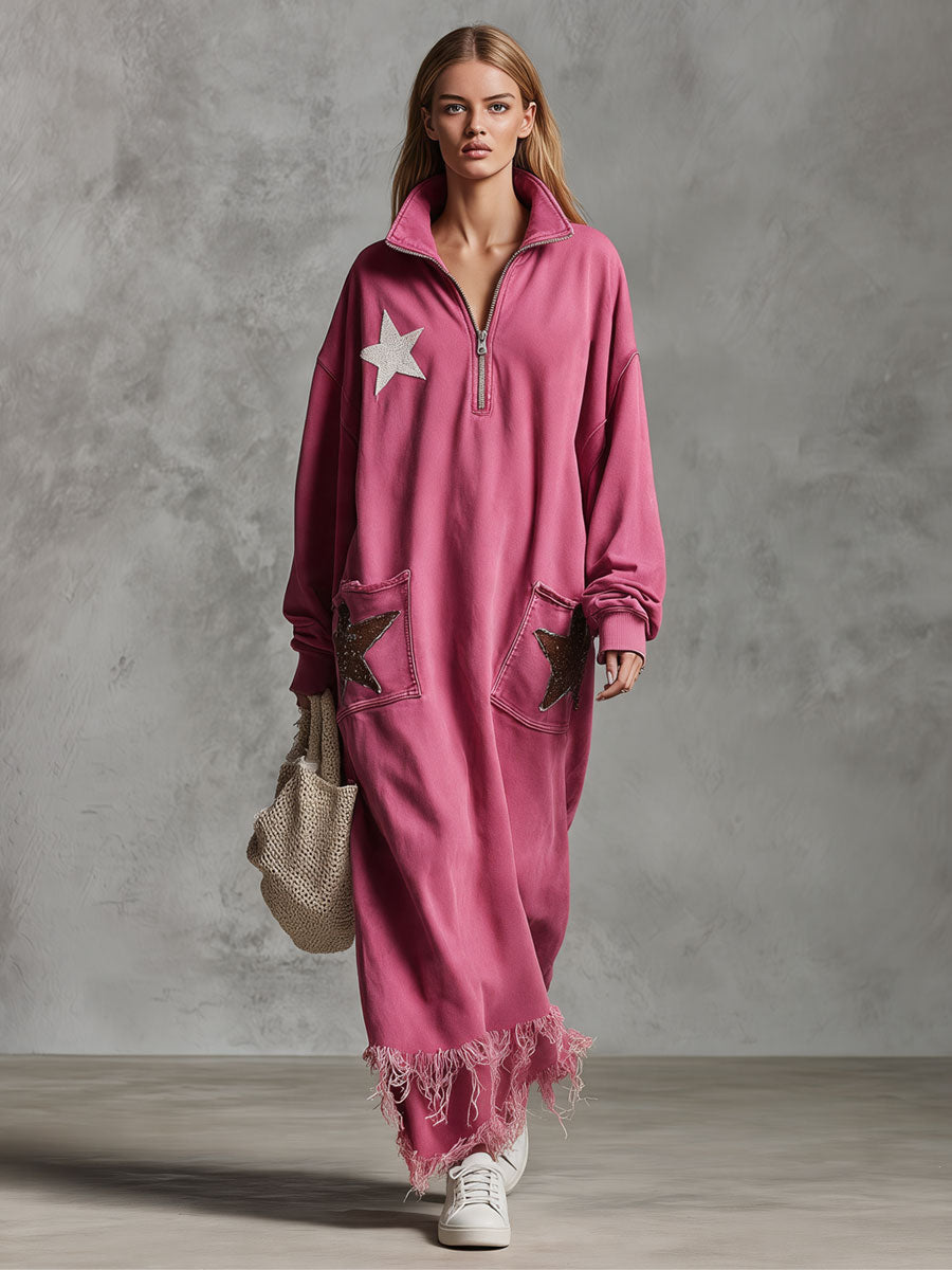Casual Retro Tassel Star Embellished Rose Red Stand Collar Washed Cotton Maxi Dress