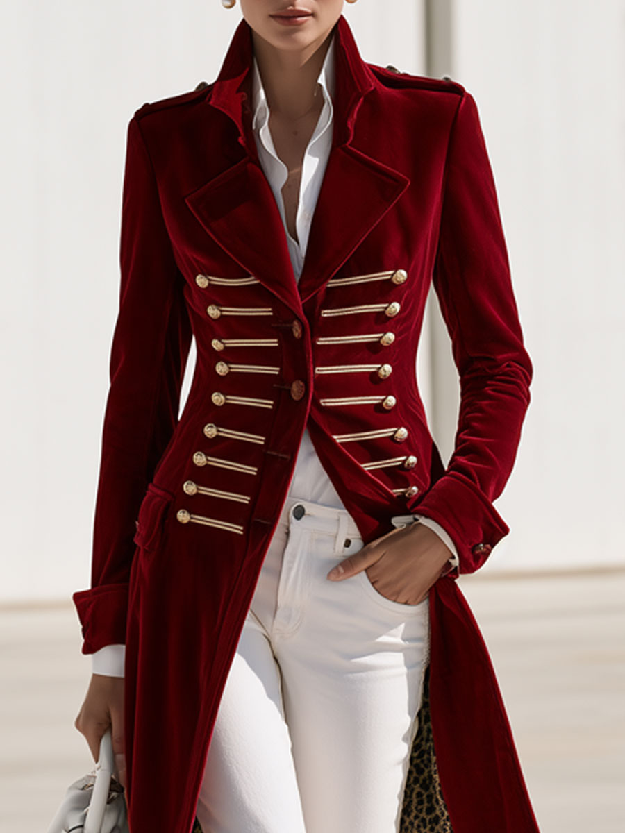 Stylish Retro Military-style Leopard Print Lining Red Velvet Gold Button Loop Coat