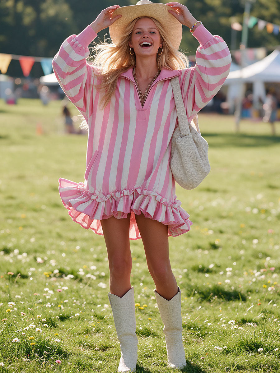 Casual Retro-style Pink And White Striped Ruffled Collar Half-zip Cotton Mini Dress