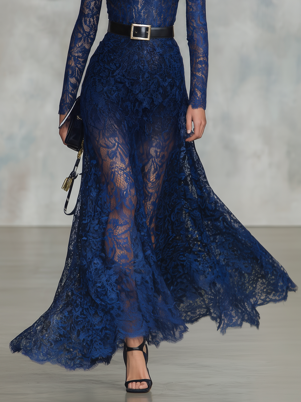 Vintage-style Elegant Casual Blue Lace Maxi Dress