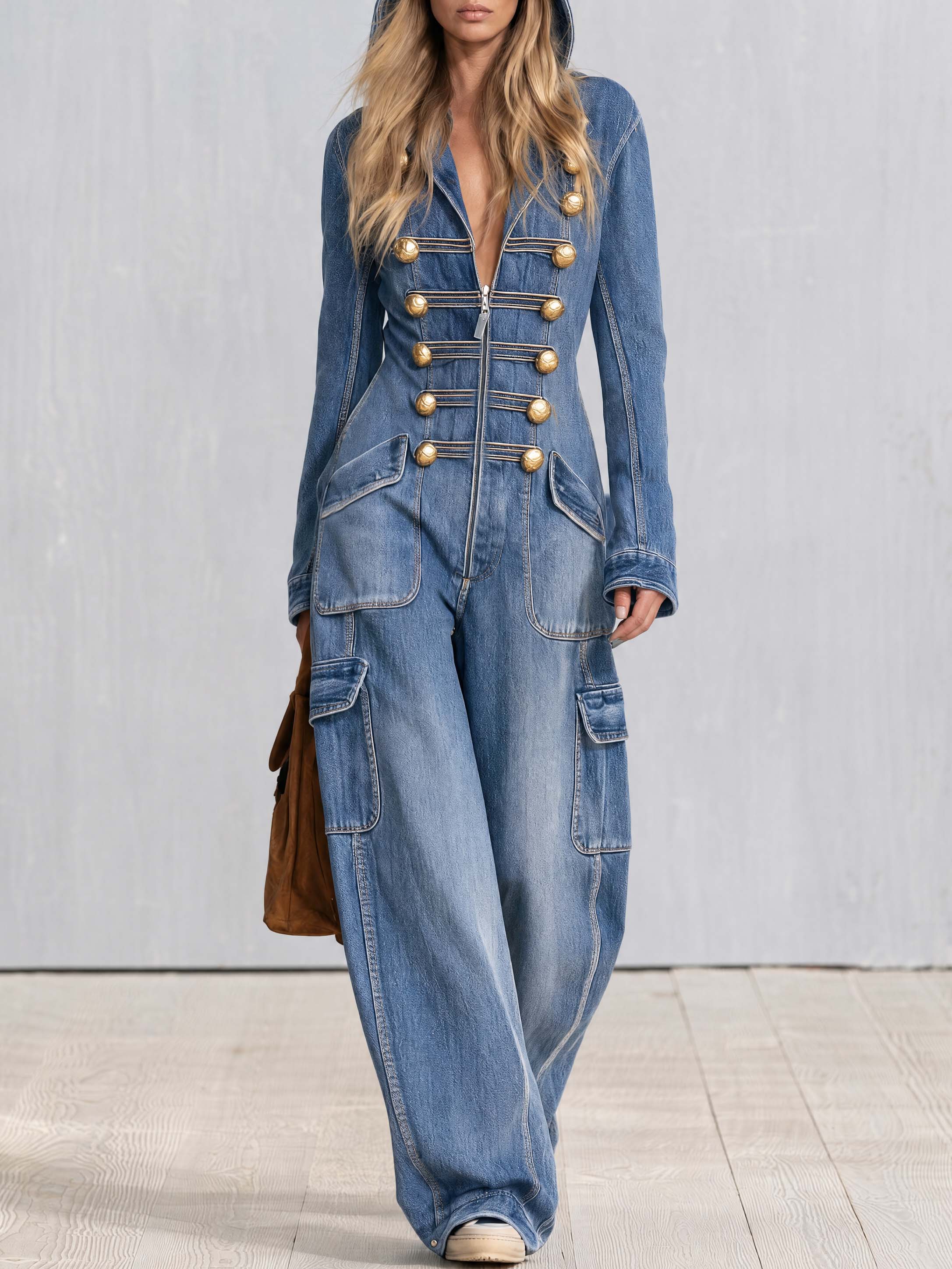 Vintage Military Washed Denim Jumpsuit Women Gold Button Hooded Wide Leg Cargo