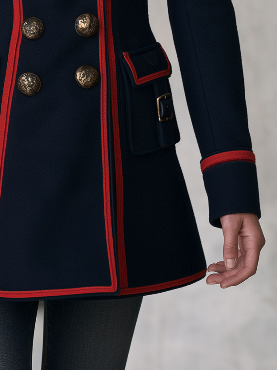 Retro Formal Navy Blue Color-blocked Trim Coat