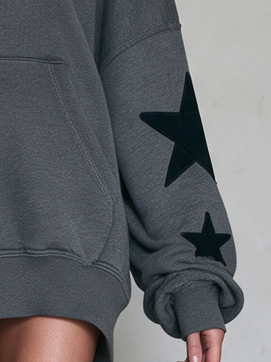 Casual Retro Star Appliqué Gray Cotton Mini Dress
