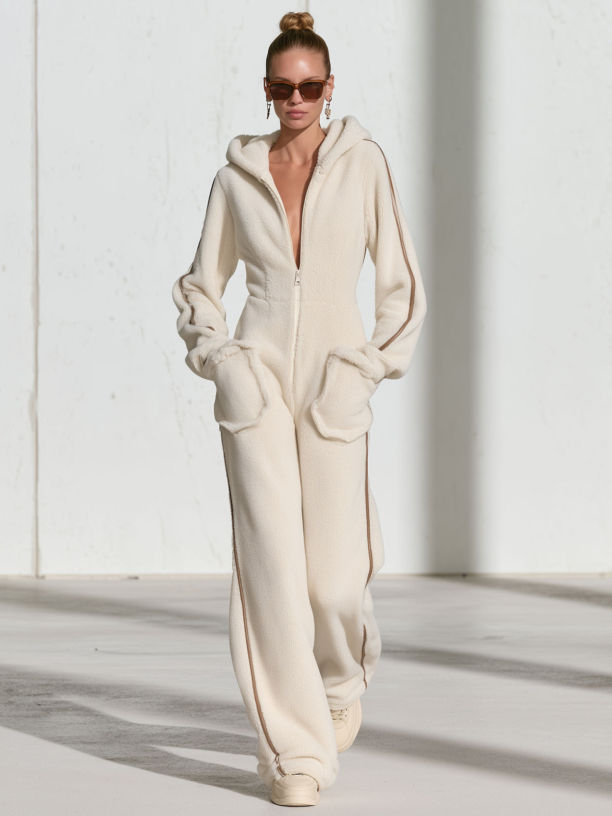 Casual Warm Fleece Color Block Long-Sleeved Hooded Jumpsuit