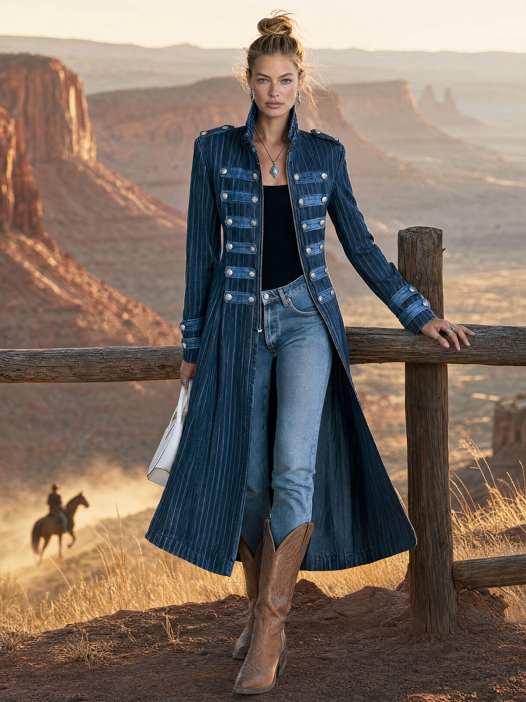 Military Officer Retro Zipper Metal Button Striped Denim Slim Fit Long Coat
