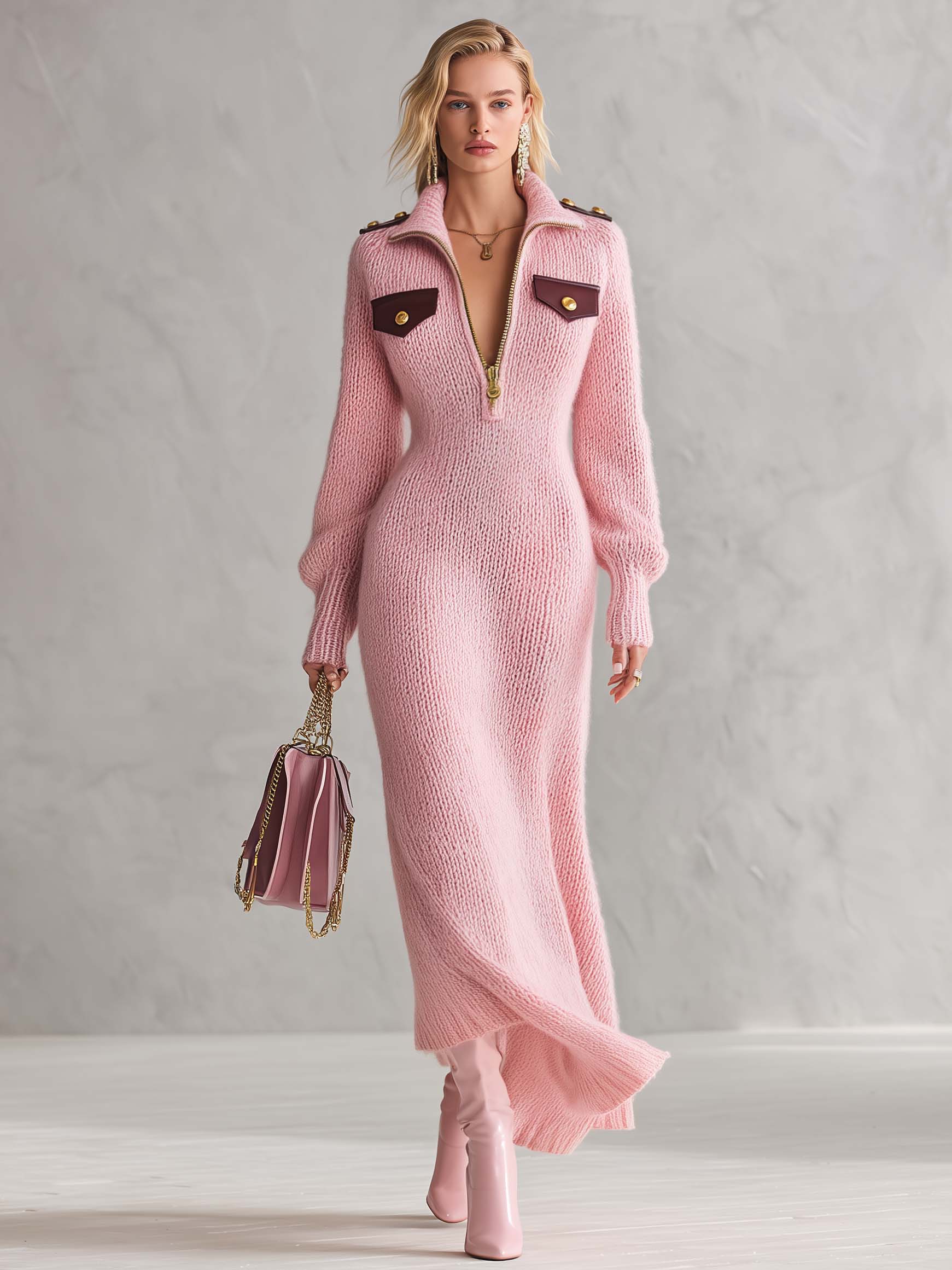 Military Chic Pink Chunky Knit Zip Front Maxi Sweater Dress Gold Button